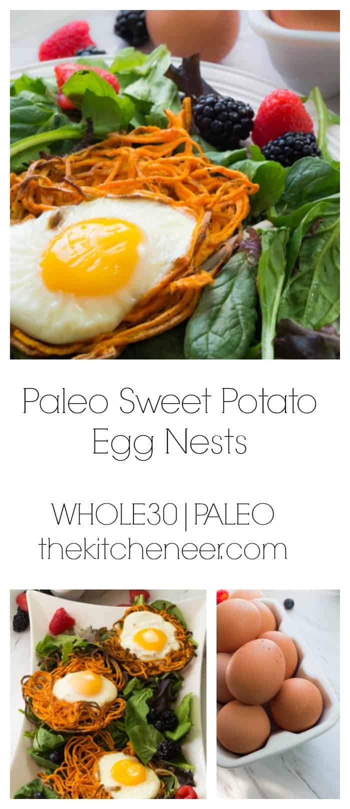 Paleo Sweet Potato Egg Nests- the perfect trio for the ultimate Sunday brunch of sunny eggs, sweet potatoes, and all the greens. Easter and Mother's Day brunch is done!|thekitcheneer.com