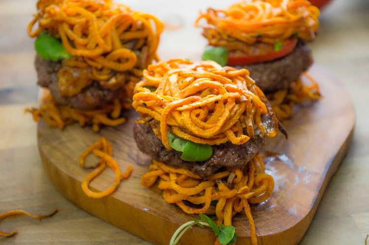 Paleo Bison Sliders with Sweet Potato Fry Buns- your new favorite summer grilling recipe where you can have burger and fries all in one bite!|thekitcheneer.com