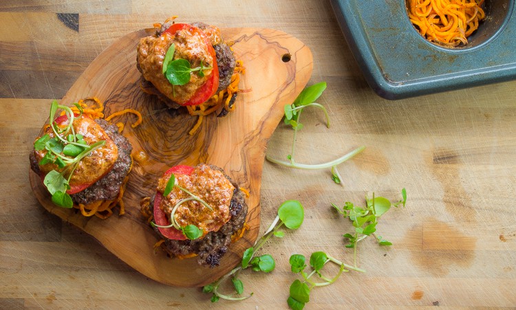 Paleo Bison Sliders with Sweet Potato Fry Buns- your new favorite summer grilling recipe where you can have burger and fries all in one bite!|thekitcheneer.com