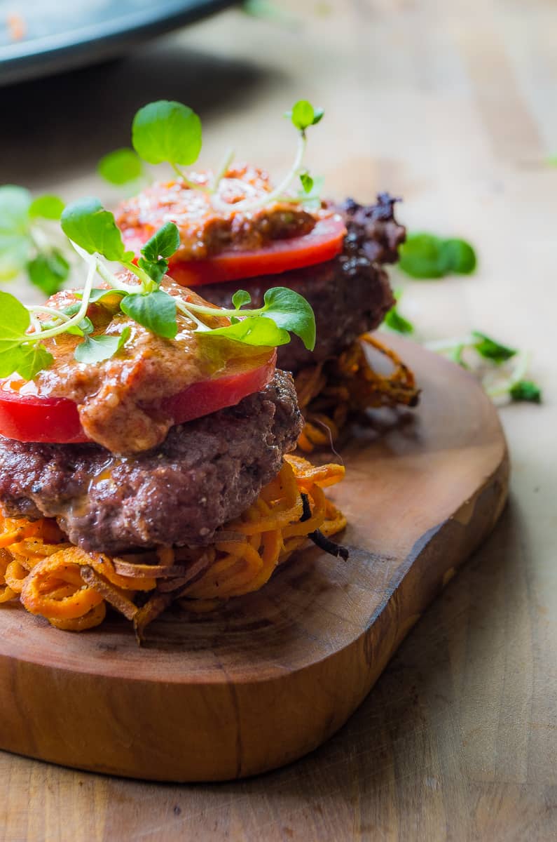 Paleo Bison Sliders with Sweet Potato Fry Buns- your new favorite summer grilling recipe where you can have burger and fries all in one bite!|thekitcheneer.com