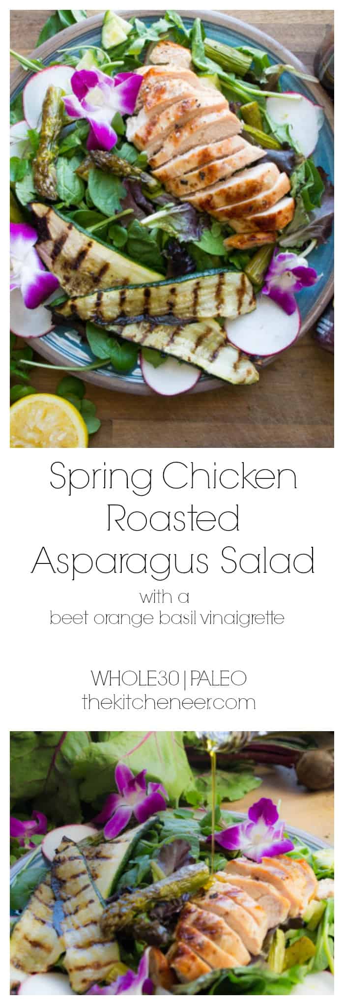 Spring Chicken Roasted Asparagus Salad- the perfect spring Whole30 recipe with a Beet Orange Basil Vinaigrette dressing that actually will make you CRAVE salad. Spring time vegetables are tossed with a Whole30 dressing and topped with grilled chicken.