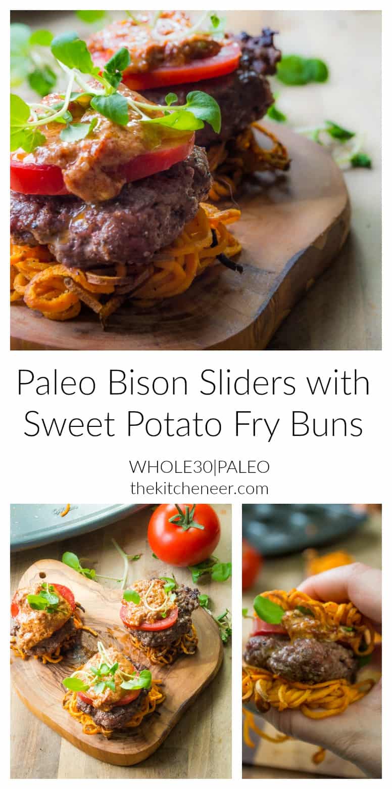 Paleo Bison Sliders with Sweet Potato Fry Buns- your new favorite summer grilling recipe where you can have burger and fries all in one bite!|thekitcheneer.com