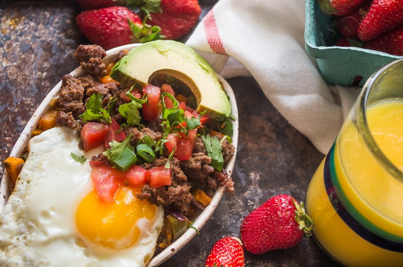 Paleo Breakfast Burrito Bowls with Bison Sausage and Sweet Potato Hash
