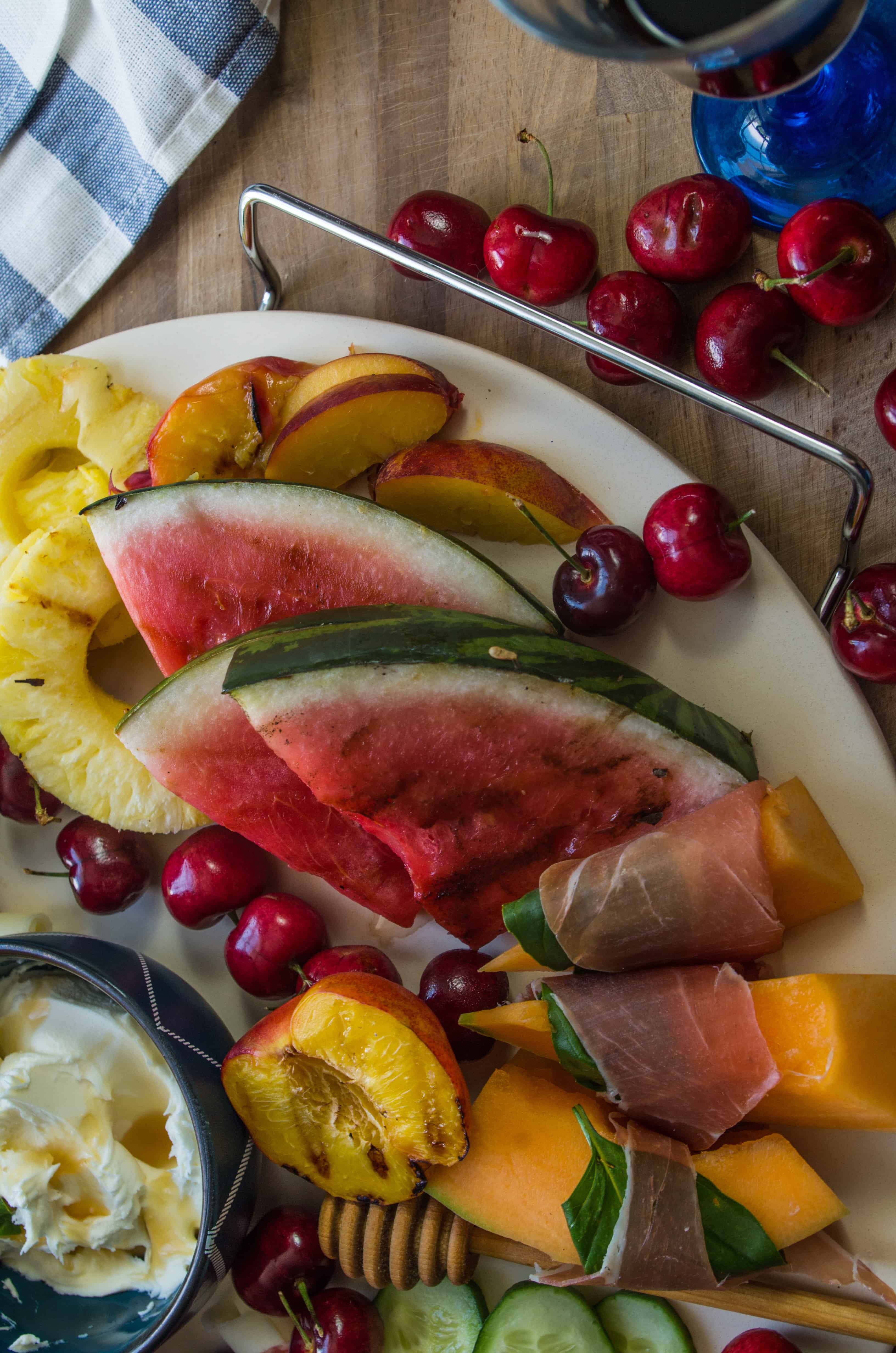 Grilled Fruit Summer Cheese Board- summer's simplest grilled fruit cheese board appetizer perfect 4th of July recipe!|thekitcheneer.com