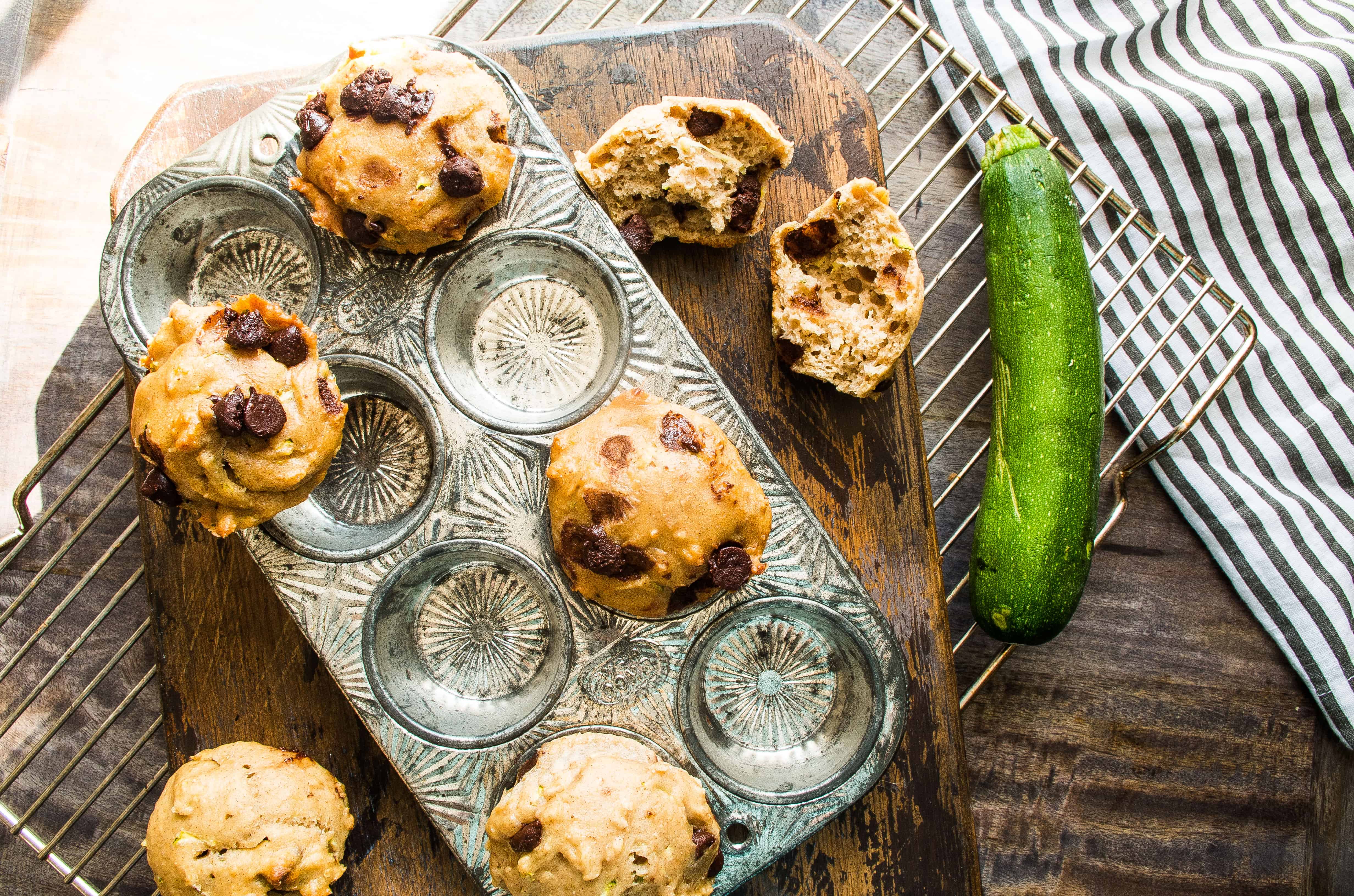 Chocolate Chip Zucchini Spice Muffins- Easy whole wheat muffins with zucchini that make for healthy after school snacks or a quick breakfast on the go!|thekitcheneer.com