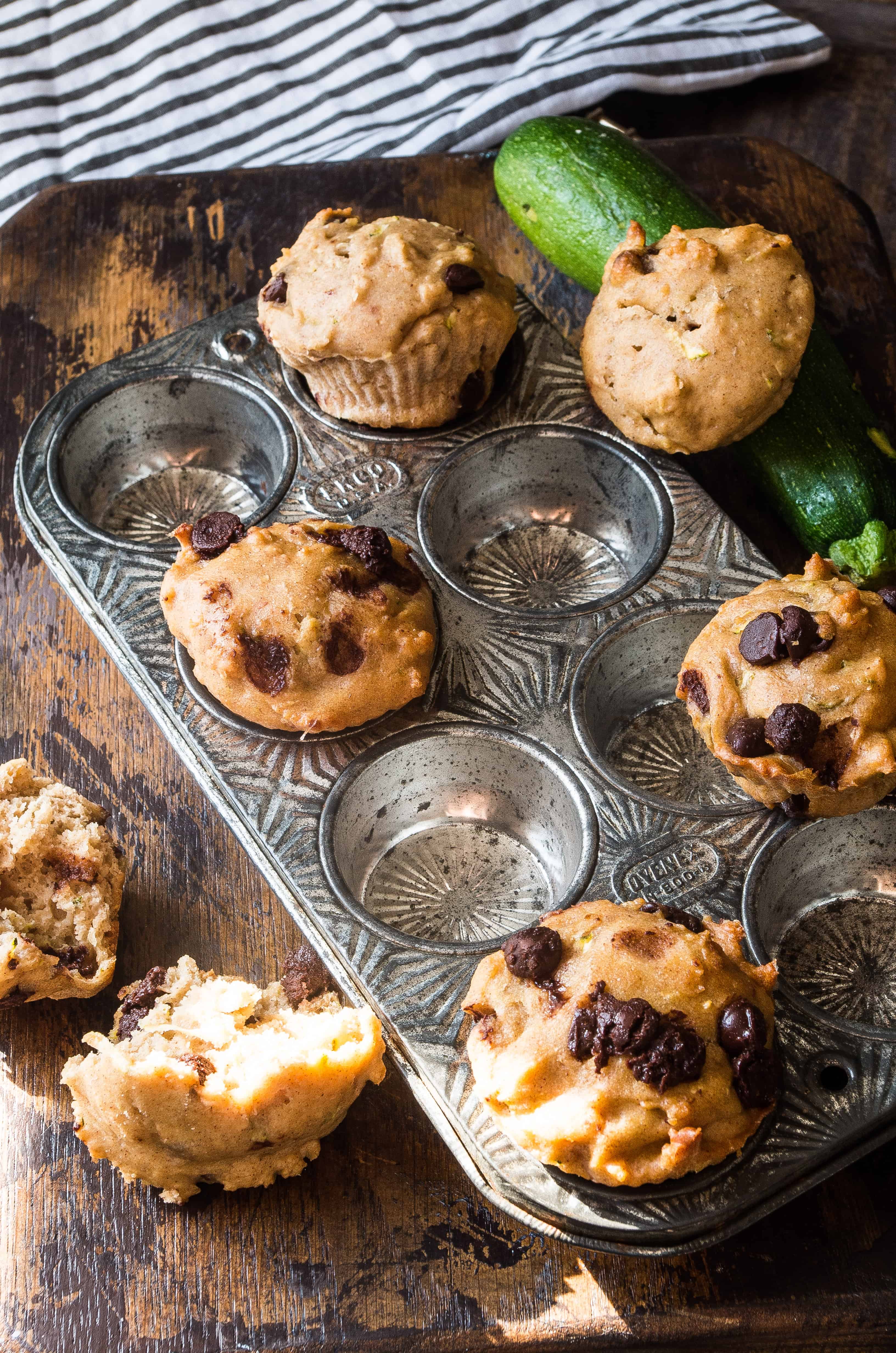 Chocolate Chip Zucchini Spice Muffins- Easy whole wheat muffins with zucchini that make for healthy after school snacks or a quick breakfast on the go!|thekitcheneer.com