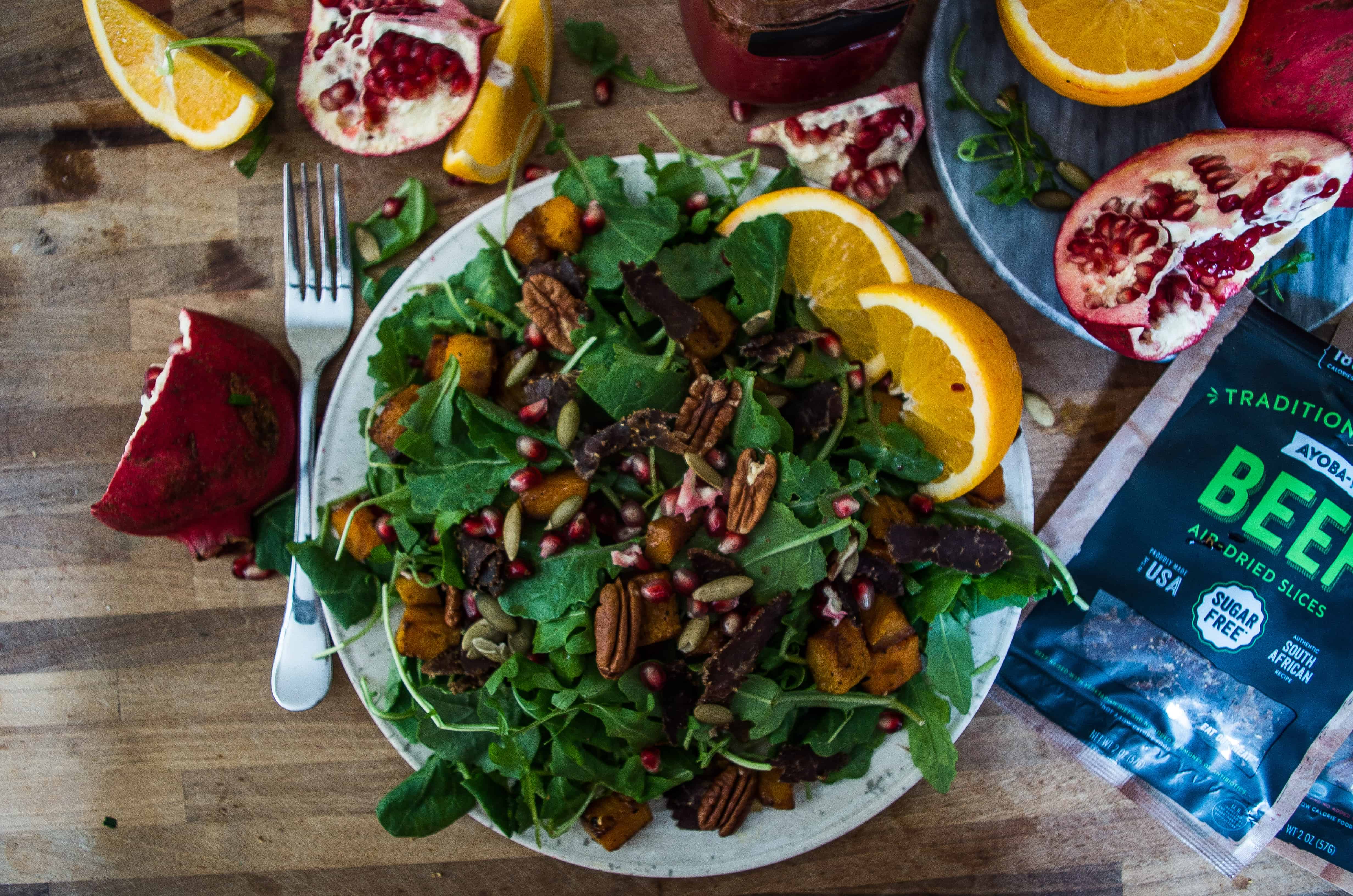 Pomegranate Bacon and Roasted Squash Salad- perfect fall salad and side for Thanksgiving dinner!|thekitcheneer.com