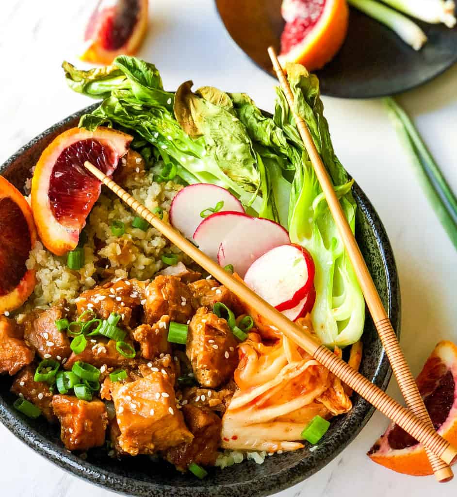 Instant Pot Blood Orange Sticky Pork- The perfect healthy take out fake out that is gluten free, dairy free, and paleo! Our favorite way for a date night in! 