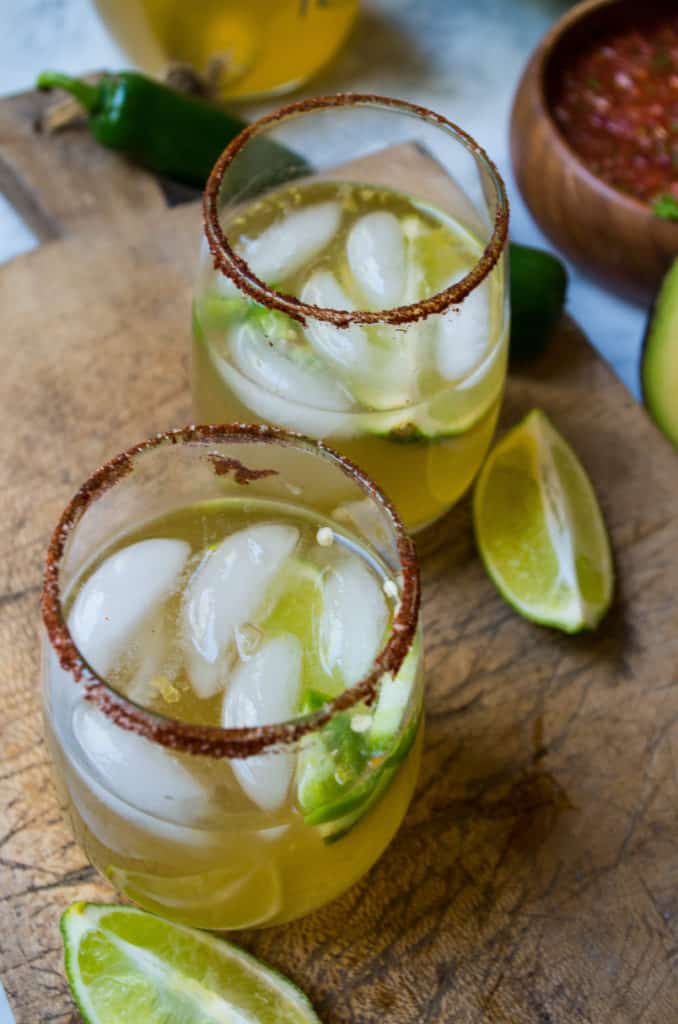 Spicy Honey Lime Margaritas- the perfect party drink for Cinco de Mayo that you can feel GREAT about! Absolutely no artificial sweeteners. Only the natural sweetness of honey was used.