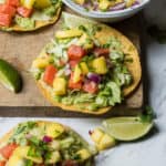 Traditional tropical Hawaiian poke with a spicy tex-mex twist! Sushi grade salmon (or any sushi grade fish) is marinated in pineapple juice, jalapeno, ginger, and coconut aminos. The poke is then placed on a bed of fresh veggies on a crispy tostada. All topped off with a pineapple salsa. Easy, healthy, and absolutely NO cooking involved!