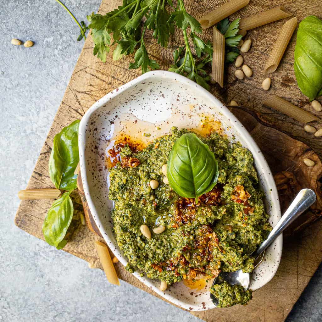 Whole30 + Keto Dairy Free Pesto- fresh and simple from using pantry staples and your garden herbs!