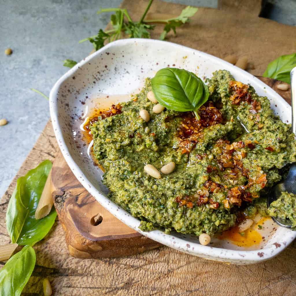 Whole30 + Keto Dairy Free Pesto- fresh and simple from using pantry staples and your garden herbs!