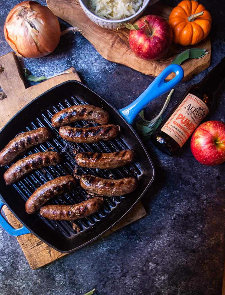 Oktoberfest Pumpkin Beer Braised Bratwurst with Sauerkraut|the kitcheneer.com