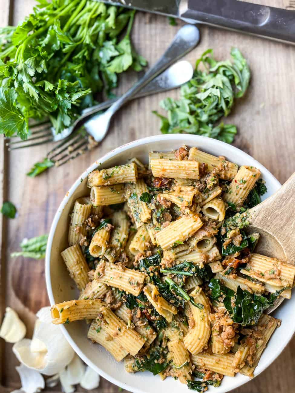Creamy Sun Dried Tomato and Kale Pasta with Sausage Crumbles The
