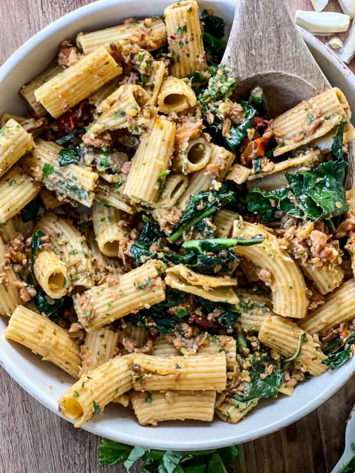 Creamy Sun Dried Tomato and Kale Pasta with Sausage Crumbles The