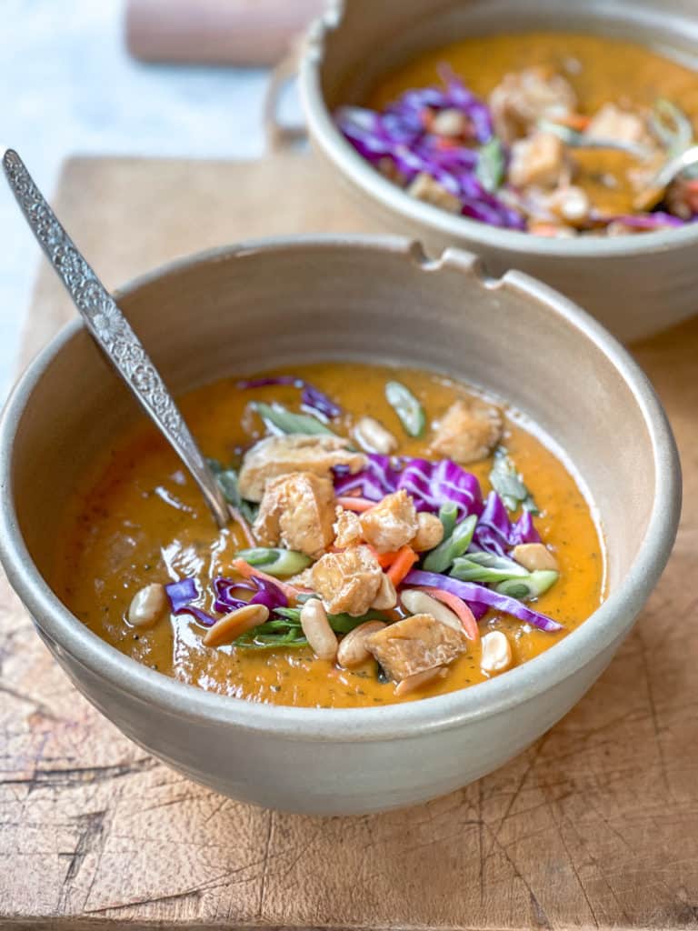 Instant Pot Thai Coconut Curry Soup with Crispy Tofu| thekitcheneer.com