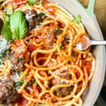 One Skillet filled with spaghetti and meatballs|the kitcheneer
