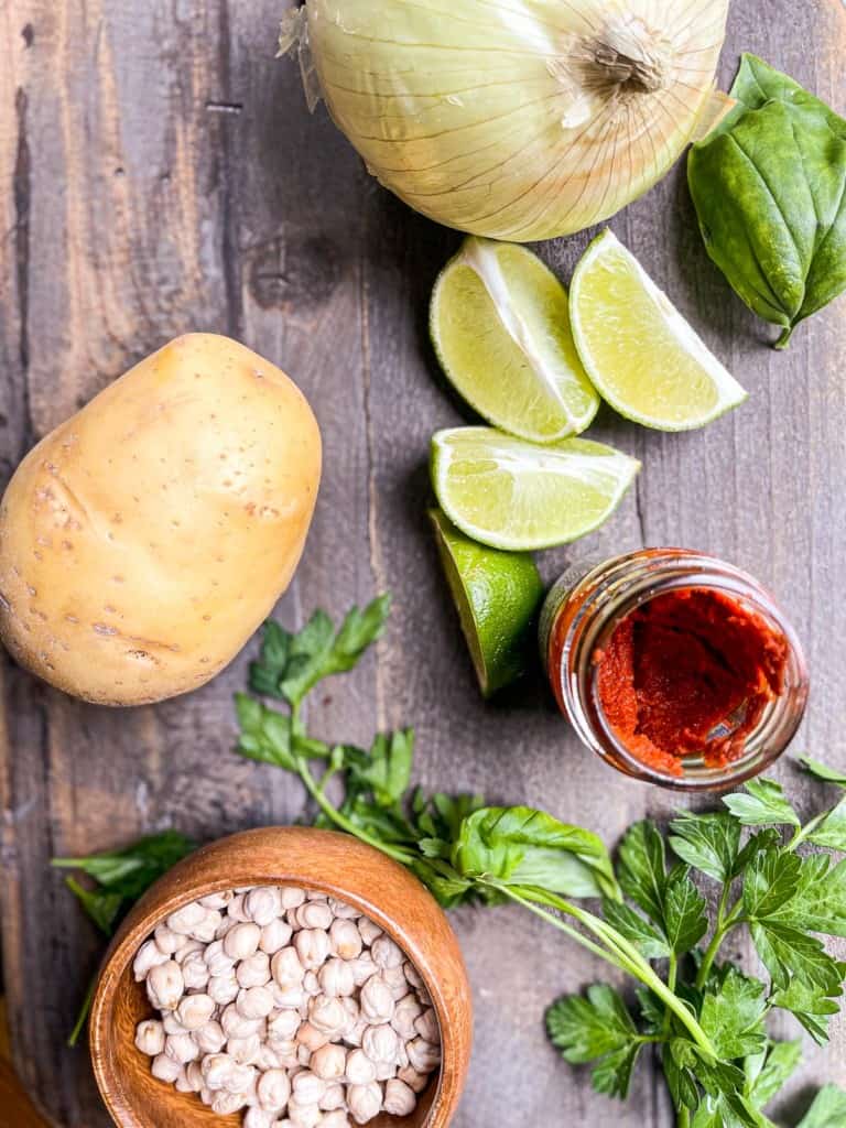 Ingredients to make Yellow Chickpea Vegan Potato Curry