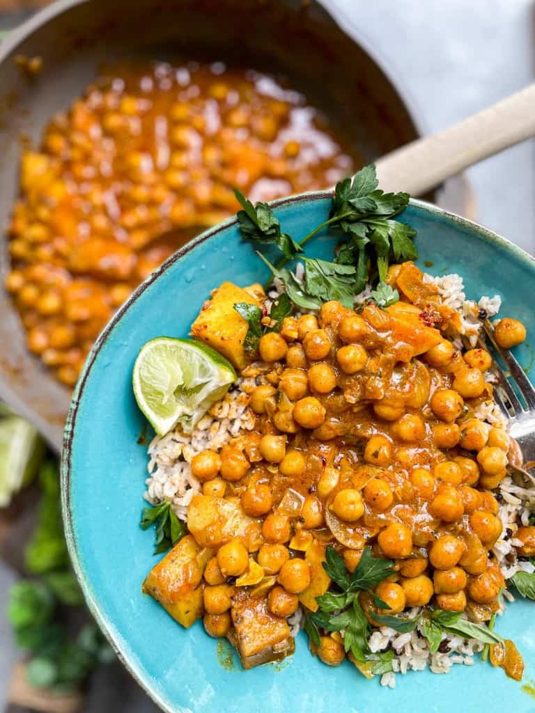 Yellow Chickpea Curry in bowl 