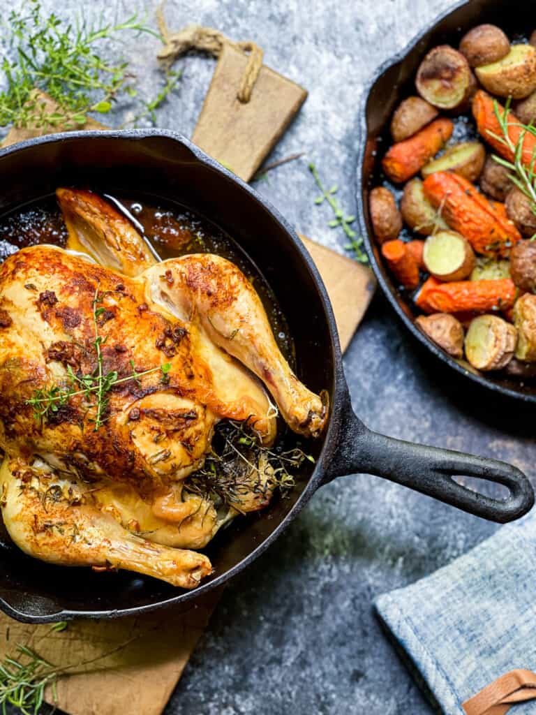 Whole Roasted Chicken in a cast iron skillet