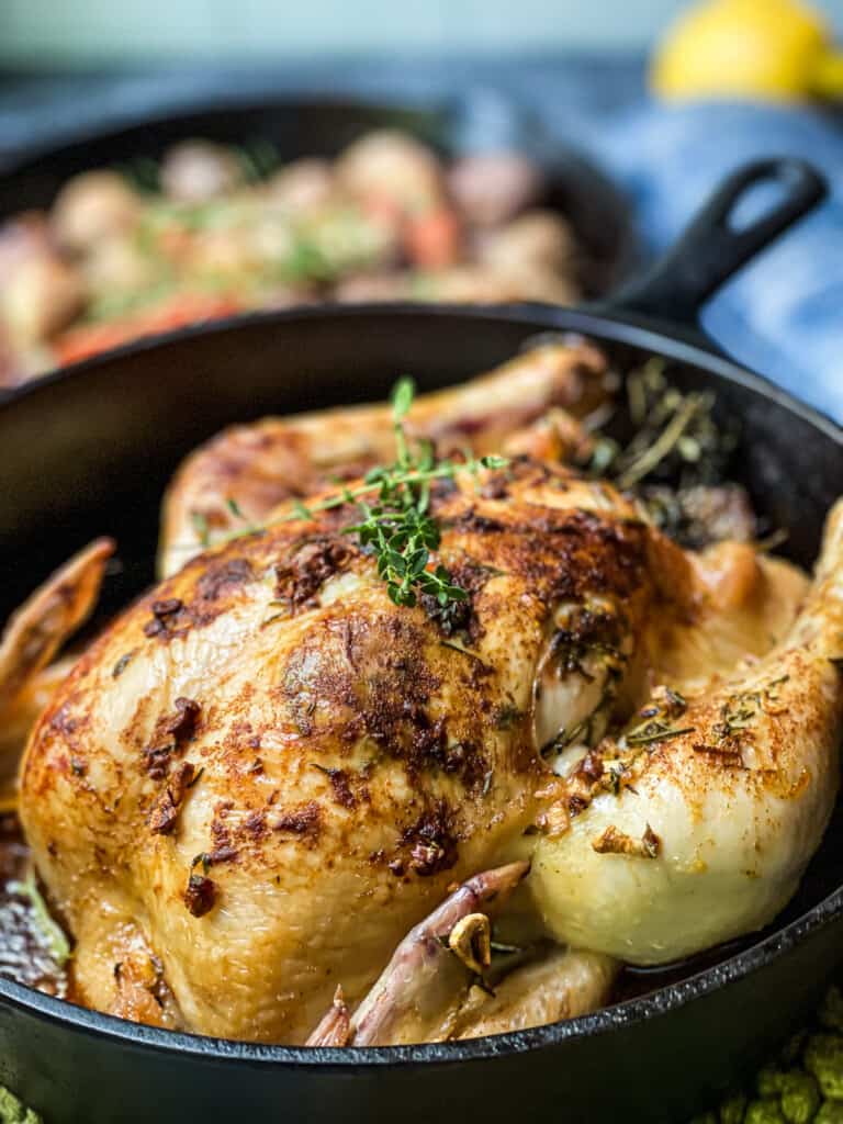 Whole Roasted Chicken in a cast iron skillet