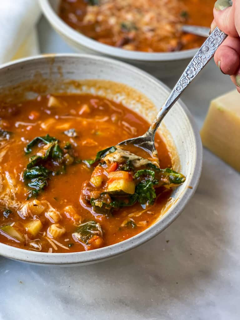 Two bowls with Pasta e Fagioli Soup 