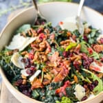 Big white serving bowl filled with a Kale Bacon Salad